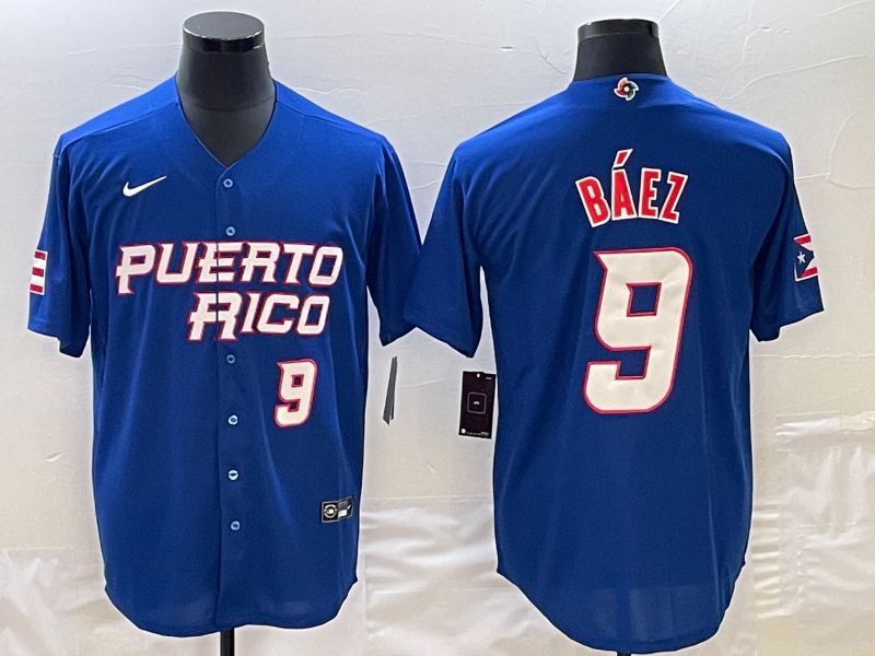 Men 2023 World Cub Puerto Rico #9 Baez Blue Nike MLB Jersey6